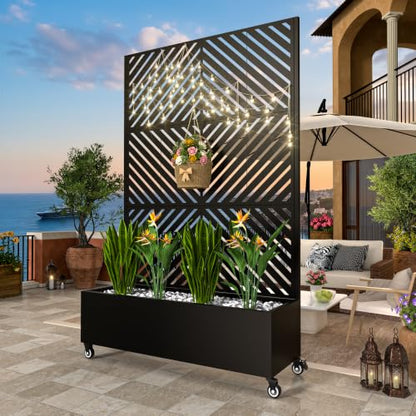 MTART Metal Planter Box with Trellis, 72"x47"x16" Outdoor Galvanized Raised Garden Bed with Privacy Screen & Drainage Holes & Lockable Casters for Climbing Plants, Vegetable, Vines (Black-Arrow) - color: Black-arrow