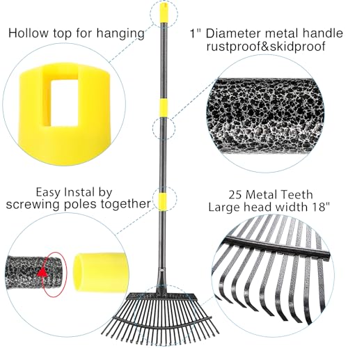 Collapsible Rake for Leaves, 30-66 inch Metal Leaf Rakes for Lawns Heavy Duty Extended Handle, 25 Tines 18" Wide Rake Garden Tools for Camping, Yard, Landscape, Pine Needle and Grass - style: 30-66"