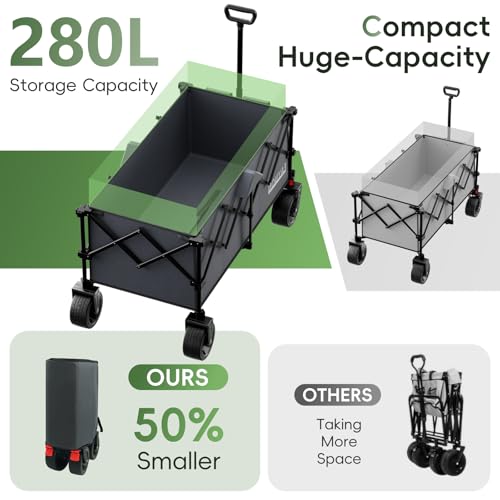 46" L Collapsible Foldable Extended Wagon, 500LB Weight Capacity with 280L Heavy Duty Folding Cart,Utility Wagon with All-Terrain Beach Wheel & Drink Holders,Gray - color: Dark Gray