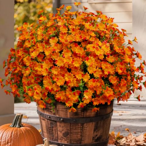 alyptus 8 Bundles Artificial Flowers for Outdoors Faux Mums for Outdoor Planters UV Resistant Fake Fall Flowers Orange Daisy Bulk for Home Gardenr Window Box Pathway Plante Wedding Decor (Orange) - color: Light Orange