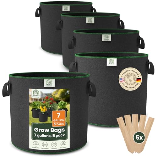 Mabel's Gardening 5-Pack 7 Gallon Grow Bags - Garden Planting Bags 13.4 x 11.4 INCH Made of 8.85 oz/yd² (300g/m²) Felt & Fleece Fabric Plant Pot, Plant Bag, Grow Bag for Cucumber Tomato Zucchini - color: 5-pack, size: 7 Gallon