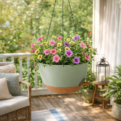 TYMENSH Hanging Plant Pots 12 Inch Set of 2, Self Watering, Drainage Holes, Removable Saucer, Durable Plastic with Chains, Indoor Outdoor, Green - color: Green