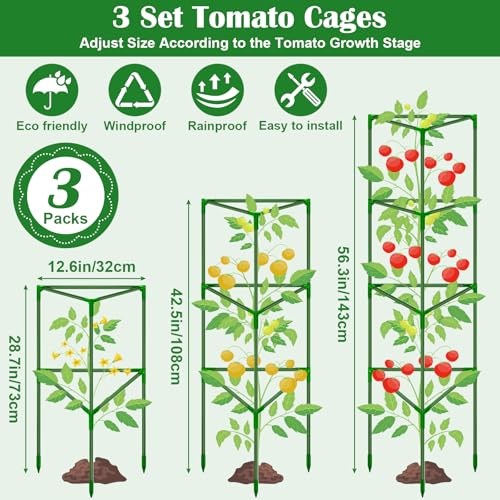 3 Packs Fiberglass Tomato Cages for Garden, 56 Inch Tall Tomato Plant Support, Adjustable Tomatoes Stakes Plant Climbing Trellis for Garden Vegetables Fruits, Tomatoes Support Cages with Clips - size: 3 Packs 56 Inches
