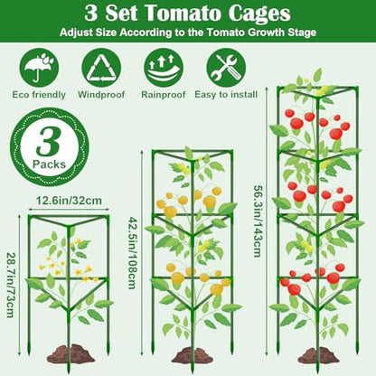 3 Packs Fiberglass Tomato Cages for Garden, 56 Inch Tall Tomato Plant Support, Adjustable Tomatoes Stakes Plant Climbing Trellis for Garden Vegetables Fruits, Tomatoes Support Cages with Clips - size: 3 Packs 56 Inches