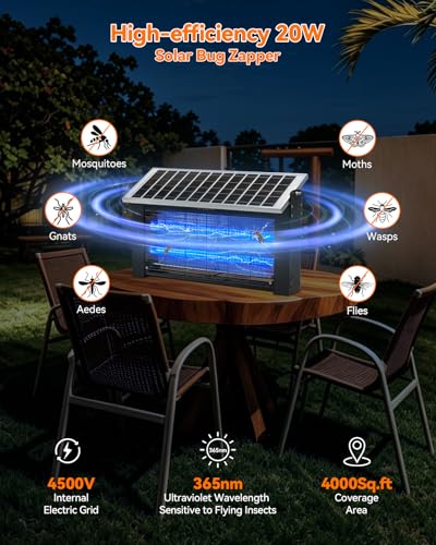 20W Solar Bug Zapper Outdoor Waterproof, LANGY 20W w/10000mAh Battery Electric Mosquito Killer Zapper Fly Insect Mosquitos Trap with Auto On/Off & 16.4ft Cord for Yard Camping Garden RV Home - size: 20w with 2 UV lights