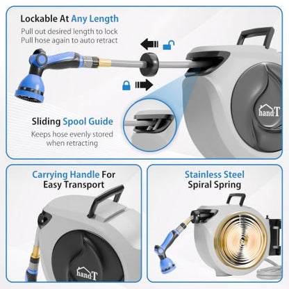 USA Based Retractable Garden Hose Reel, 1/2 in x 33 ft Quick Connect 10-Pattern Sprayer, Wall Mounted Auto Self Retracting Water Hose Reels, UV Resistant Automatic Rewind 180° Mount | Gray - size: 1/2" 33FT