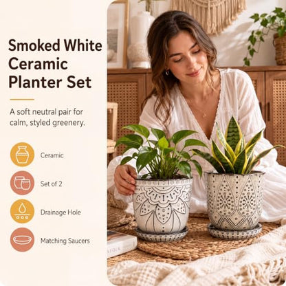 Gepege Ceramic Plant Pots, 6 Inch Indoor Planters with Drainage & Saucers - color: Cream White, size: 6 Inch - Set of 2