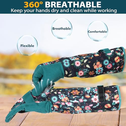 Gardening Gloves for Women, Long Garden Gloves with Grip, Thorn-Proof, Gift - color: Dark Green - Circle Flower