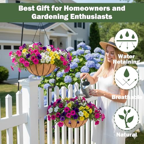 4 Pack 14 Inch Hanging Baskets for Plants Outdoor Metal Hanging Planter Basket with Coco Coir Liner Hanging Flower Baskets Hanging Flower Pots Holder for Garden, Patio(Watermelon) - size: 14 Inch, style: Garden