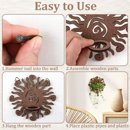 WANDIC 2Pcs Wall Propagation Planters, Sun&Moon Wooden Hanging Propagation Station for Indoor Plants Leaf Shape Plant with 2 Plastic Pipe