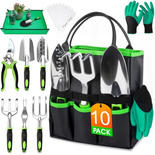 WOWBOX Garden Tools Set, 10 PCS Heavy Duty Gardening Hand Tools Kit, Green - style: Black Green