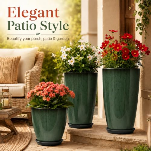 Neoaider Set of 3 Tall Planter, 24/21/12in Large Plastic Planter, DarkGreen - color: Dark Green