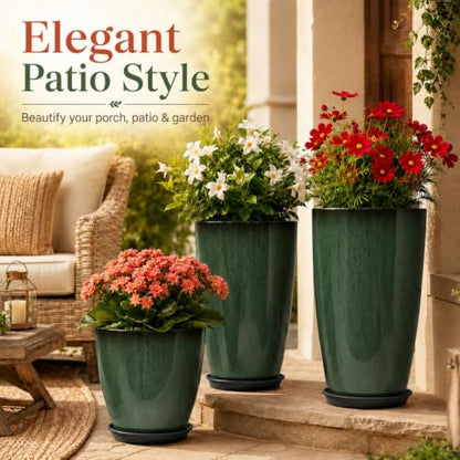 Neoaider Set of 3 Tall Planter, 24/21/12in Large Plastic Planter, DarkGreen - color: Dark Green