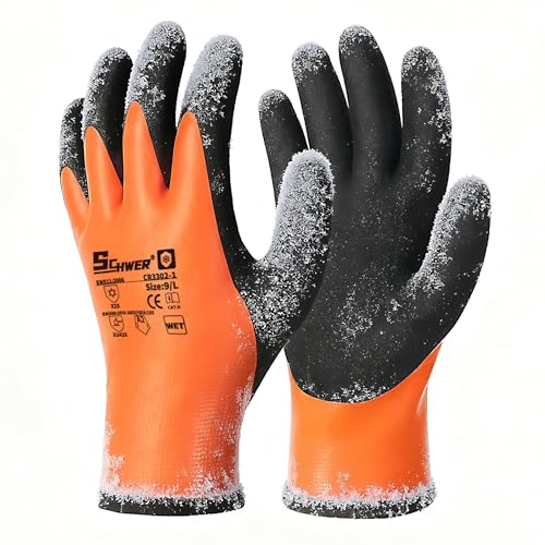 Schwer 2 Pairs Waterproof Winter Work Gloves Latex Coated, CR3302-1, XL - color: Winter Orange, size: X-Large