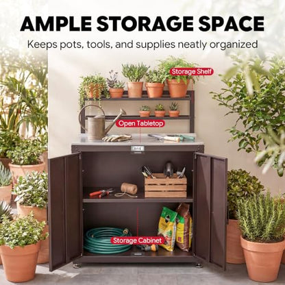 Feasto Outdoor Potting Bench Table with Storage Cabinet, Brown - color: Brown