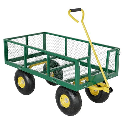 900 Lbs Garden Wagon, 2-in-1 Heavy-Duty Steel Garden Cart, with 10 Inch All-Terrain Tires and Removable Mesh Side Panels, 180° Rotating Handle, Metal Multi-Function Carts, Outdoor Gardens Wagon Cart - color: Green + Yellow, size: 900 Lb