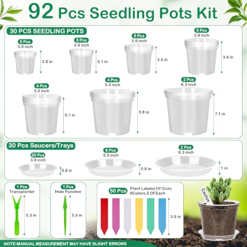 92Pcs Clear Plastic Nursery Pots with Drainage Holes and Saucers, 32Packs 2.8/3.1/3.5/3.9/5.1/5.9/7.1Inch Seedling Starter Pots for Indoor Outdoor Gardening Flower, Herb, Succulent Transplanting - size: 2.8/3.1/3.5/3.9/5.1/5.9/7.1 Inch