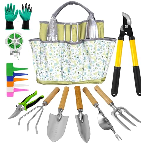 41-Piece Premium Gardening Tool Set, Stainless Steel Heavy Duty Gardening Tool Kit, with Non-Slip Rubber Grip, Storage Tote Bag, Outdoor Hand Tools, Ideal Gardening Gifts for All (Green) - color: Green