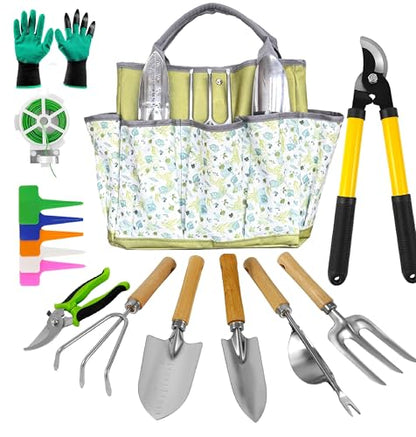 41-Piece Premium Gardening Tool Set, Stainless Steel Heavy Duty Gardening Tool Kit, with Non-Slip Rubber Grip, Storage Tote Bag, Outdoor Hand Tools, Ideal Gardening Gifts for All (Green) - color: Green