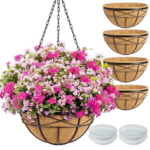4 Pack 16 Inch Hanging Planters for Outdoor Plants Metal Wire Flower Baskets with Coco Liner & Plastic Saucer Large Deep Hanging Plant Pots for Porch Balcony Garden Décor - color: 4 Pack-black, size: 16 Inch