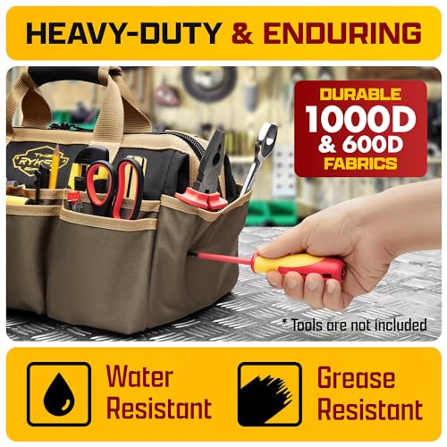 Ryker 14’’ Heavy Duty Tool Bag. Tool Box Organizer for Electricians & HVAC - color: Khaki