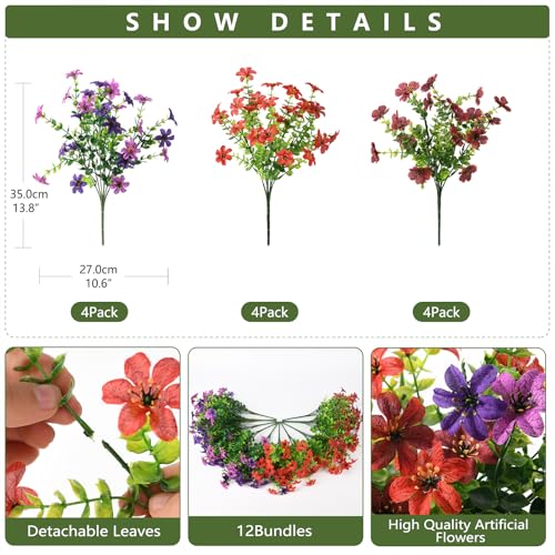 Artificial Flowers for Outdoors Spring Summer Decoration, 12 Bundles Fake Plants UV Resistant Realistic Faux Flower Silk Daisy with Eucalyptus Stem for Patio Planter Porch Yard Window Box Balcony - color: Purple Red Brown, size: 12 PCS