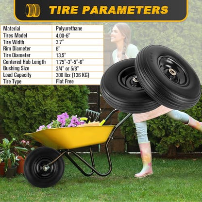 4.00-6 Flat-free Tire and Wheel, 13" Wheelbarrow Wheels and Tires with 5/8" or 3/4" Bearings 4.00-6 Solid Tires Replacement for Wheelbarrow, Gorilla Cart, Hand Trucks, Garden Carts(2 PCS)