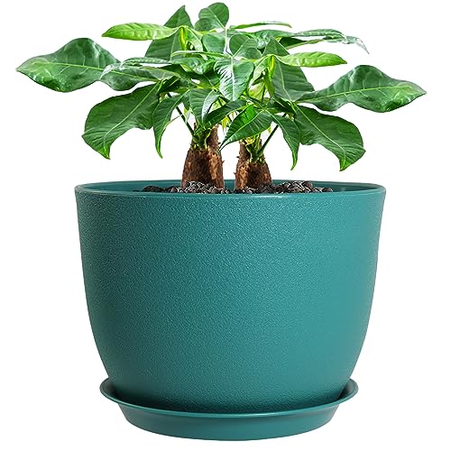 UOUZ 12inch Large Plant Pot, Modern Plastic Planter with High Driange Holes and Saucer for Indoor Outdoor Garden Plants and Flowers, Black with Green Speckles - color: Blue