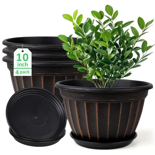 10 Inch Plant Pots,4 Pack Flower Pot,Planters Pot with Drainage Hole - color: Black, size: 10 inch-4 pack