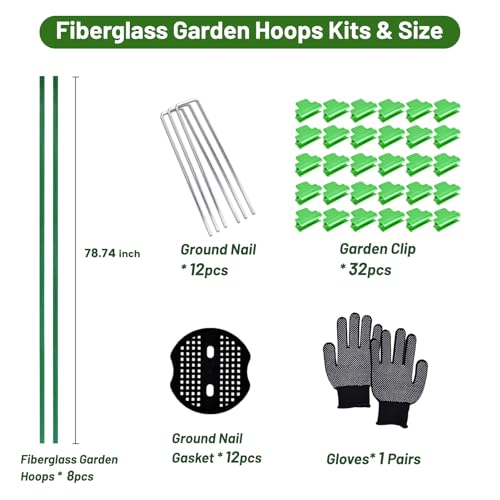 8 PCS Fiberglass Garden Hoops, 6.6 FT Bendable Hoop & 32 Clips for Vegetable Plants Fruits Flowers Crop Greenhouse Row Cover Birds Animals Barrier Protection Net