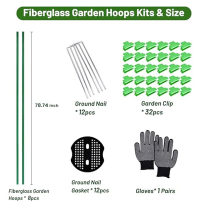 8 PCS Fiberglass Garden Hoops, 6.6 FT Bendable Hoop & 32 Clips for Vegetable Plants Fruits Flowers Crop Greenhouse Row Cover Birds Animals Barrier Protection Net