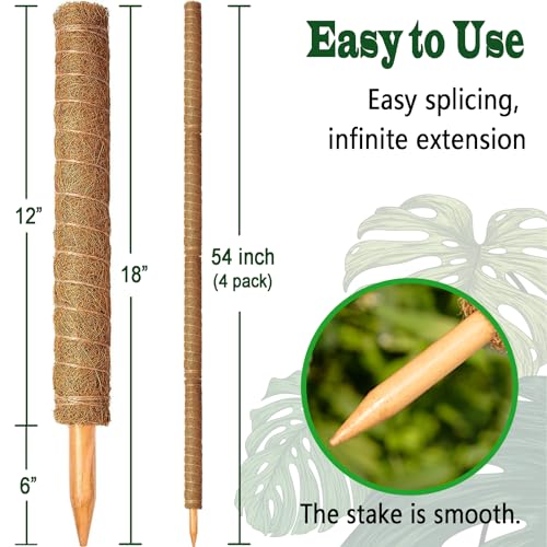 4 Pack 18 Inch Moss Pole, Stackable Moss Poles for Climbing Plants Monstera, Tall Plant Sticks Accessories, Large Coir Plant Support Stakes for Potted Plants Indoor, Pothos, Philodendron - size: 4 pack 18in