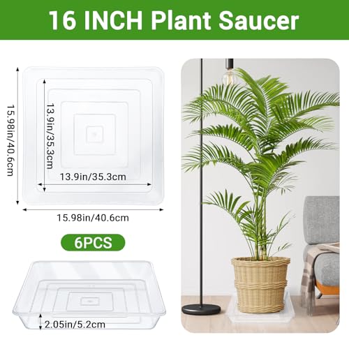 Greaner 16 Inch Square Plant Saucer, 6 Packs Plastic Plant Saucer Drip Tray, Durable Thick Plant Tray to Catch Water for Indoor Outdoor Plant Pots, 1.97 Inch Deep, Clear - color: Clear, size: 16"