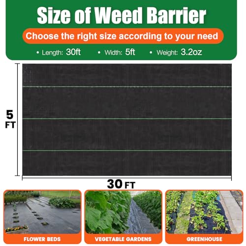 5 x 30 Feet Weed Barrier Fabric Garden Landscape Weed Blocker Woven Fabric Heavy Duty Ground Cover Mat - size: 5ft x 30ft
