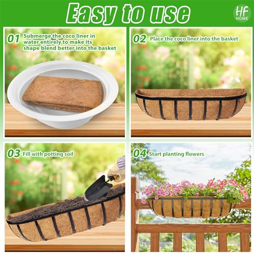 HFHOME 2 Pcs 24" Railing Planter Box with Horse Trough Coco Liners, Black Window Boxes Metal Hanging Flower Planters Baskets for Indoor, Outdoor, Balcony, Porch, Fence, Patio, and Lawn - size: 24 Inch 2-Pack Classic-Pattern