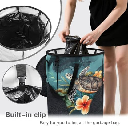 BIGCARJOB Flower Turtle Outdoor Trash Can Storage Collapsible Pop-up Recycle Trash Can 22.83x17.71 Waterproof Garbage Bin Bag with Lid and Clip - color: Flower Turtle Print