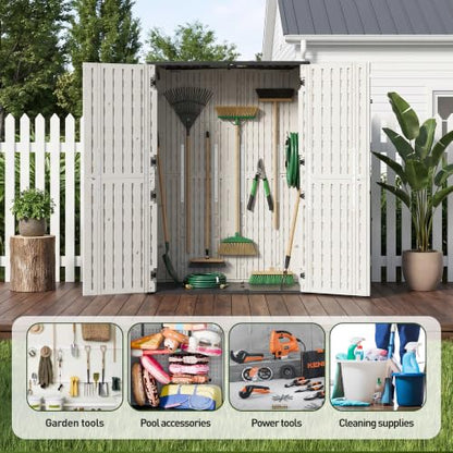 65 Cu.Ft Resin Outdoor Storage Shed with Floor, Weatherproof Plastic Vertical Outdoor Storage Cabinet for Garden Backyard Patio Pool Tool - size: 65 Cu.Ft