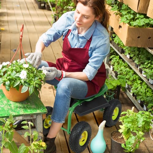 Goplus Garden Seat with Wheels, Rolling Garden Cart with Adjustable 360° Swivel Seat, Tool Tray, Basket for Lawn, Yard, Patio, Heavy Duty Gardening Stool, Outdoor Wagon Scooter for Seniors - color: Green