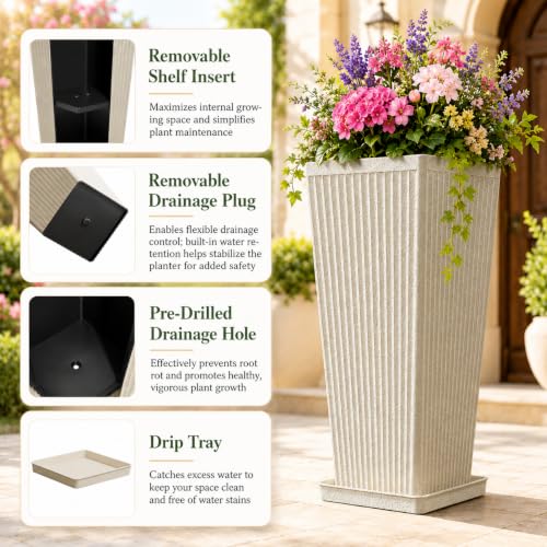 NicBex 24" Tall Planters for Outdoor Plants Set of 2 Square Fluted,Beige - color: Beige-sandblasting
