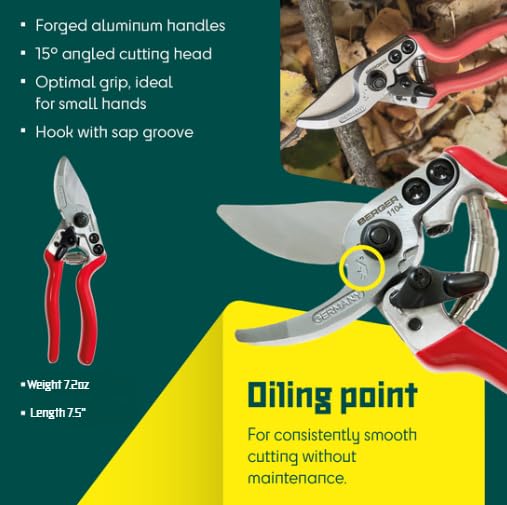 BERGER Pruning Shears for Small Hands – Professional Compact Garden Pruners with 15° Angled Cutting Head, Forged Aluminum Handles, Replaceable Blade & Counter-Blade – 1104 - size: 18.5x6x2.5 cm