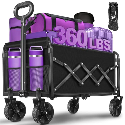 Wagon Cart Foldable,360Lbs Collapsible Wagon Cart with Wheels Portable, All Terrain Outdoor Utility Carts for Groceries, Camping, Sports, Garden, Shopping, Black - color: Light Black-360lbs