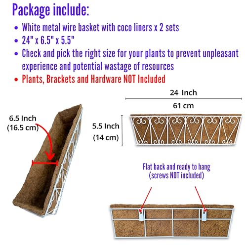 LaLaGreen Fence Wall Planter (24 in, 2 Pack) White Coco Liner Trough Box - size: 24" (61cm) x 2 Pack