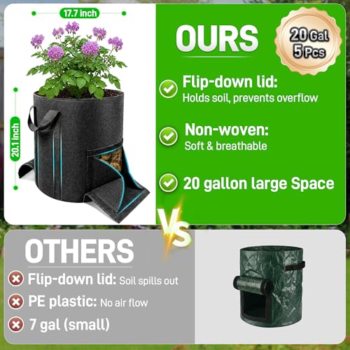 Mulctun 5Pcs 20 Gallon Potato Grow Bags, Grow Bags with Harvest & Visible Windows,Potato Bags for Growing Potatoes with Sturdy Handles,Potato Growing Containers for Growing Potatoes Vegetables - size: 5 Pcs