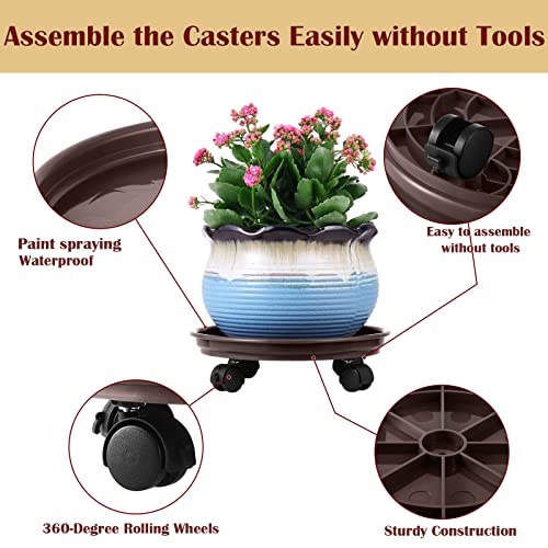 6 Packs Plant Caddy with Wheels 12" Plastic Rolling Stands Heavy-Duty Dolly with Casters Indoor Outdoor Coaster, Brown - color: Coffee brown, size: 12" - 6 packs