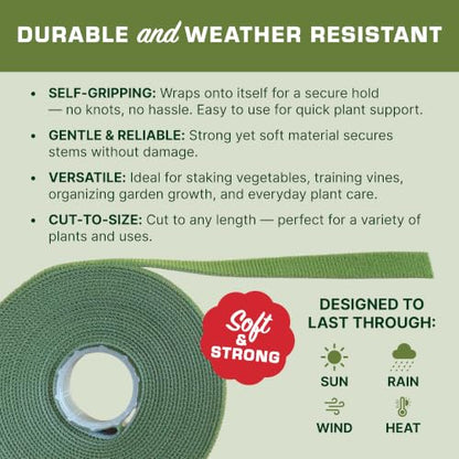 Plant Tie Roll 1/2" x 16' - Plant Support Roll, Garden Plant Tie, Reusable Hook and Loop Plant Tape for Stakes, Trellises, Tomato Cages & Young Trees, Cut to Size, Green