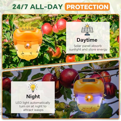 Wasp Trap, Solar Wasp Traps Hanging, Reusable Yellow Jacket Trap with LED Light, Bee Hornet Traps for Outside Orchard, Farm, Garden, Patio, Courtyard (4, Yellow)