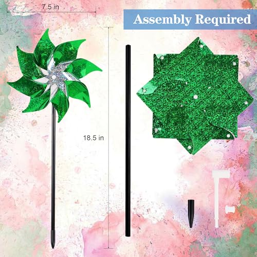 Hausse 10 Pack Reflective Pinwheels Holiday Decor (Assembly Required), Sparkly Wind Sculptures for St. Patrick's Day Decorations Party Supplies, Scare Birds Away from Garden Yard Patio Farm, Green - color: Green