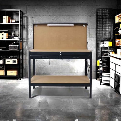 Heavy-Duty Workbench with Pegboard, Two Drawers, and LED Light, Multipurpose Garage Workstation
