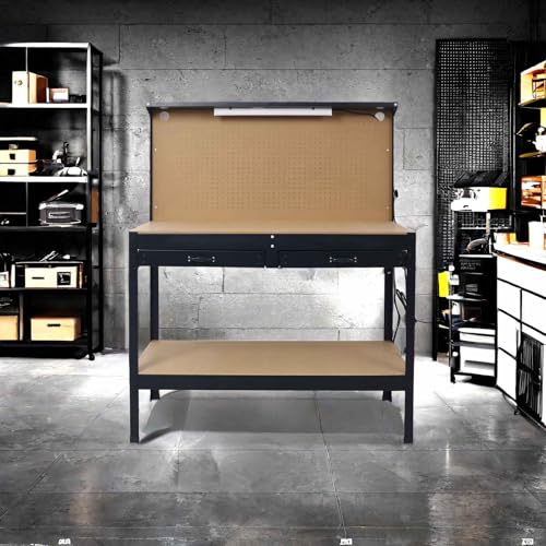 Heavy-Duty Workbench with Pegboard, Two Drawers, and LED Light, Multipurpose Garage Workstation