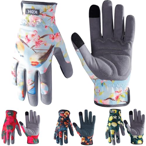 KDK Leather Gardening Gloves for Women Thorn Proof Yard Work Gloves (M) - color: Blue (Birds), size: Medium